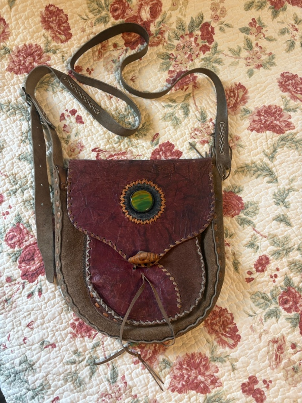 Handcrafted Brown and Burgundy Leather Crossbody Bag with Green Stone Accent